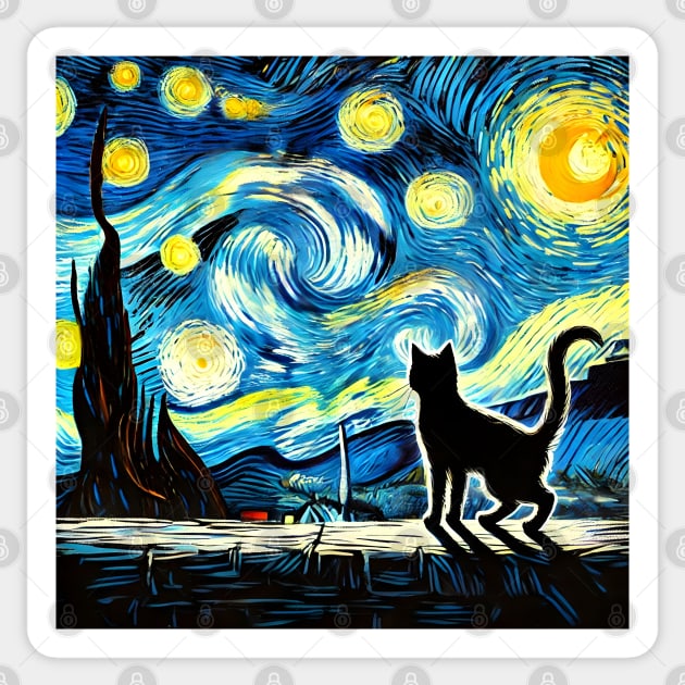 Starry Night Cat – Van Gogh-Inspired Sticker by Premachandra's Store